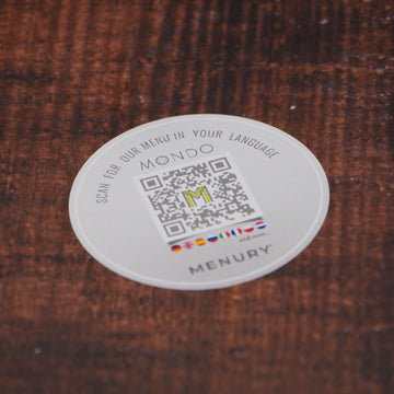 MENURY Aufkleber, rund, mit Restaurantname & QR-Code, 55 x 55 mm (20 Stück)