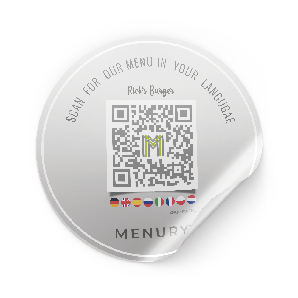 MENURY Aufkleber, rund, mit Restaurantname & QR-Code, 55 x 55 mm (20 Stück)